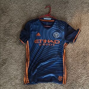 Adidas Blue and Orange Soccer Jersey with Dynamic Pattern